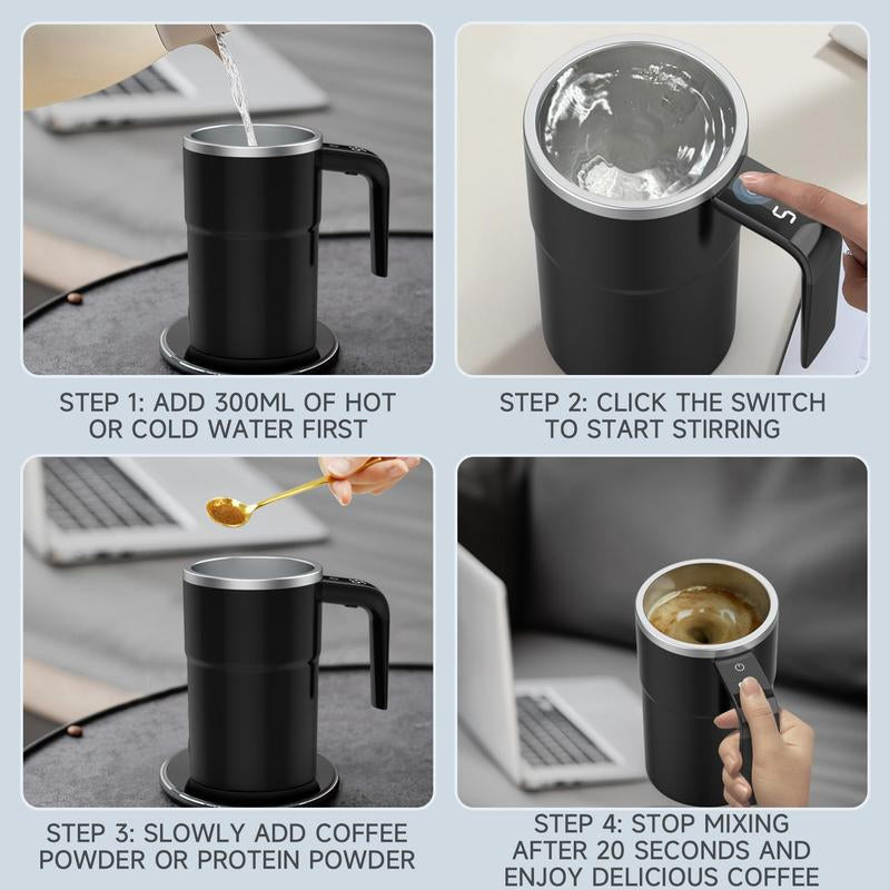 Intelligent Coffee Cup with Lid, 1/3 Counts Automatic Stirring Cup with Temperature Display, USB Rechargeable Stirring Cup for Coffee, Tea, Hot Chocolate, Gift